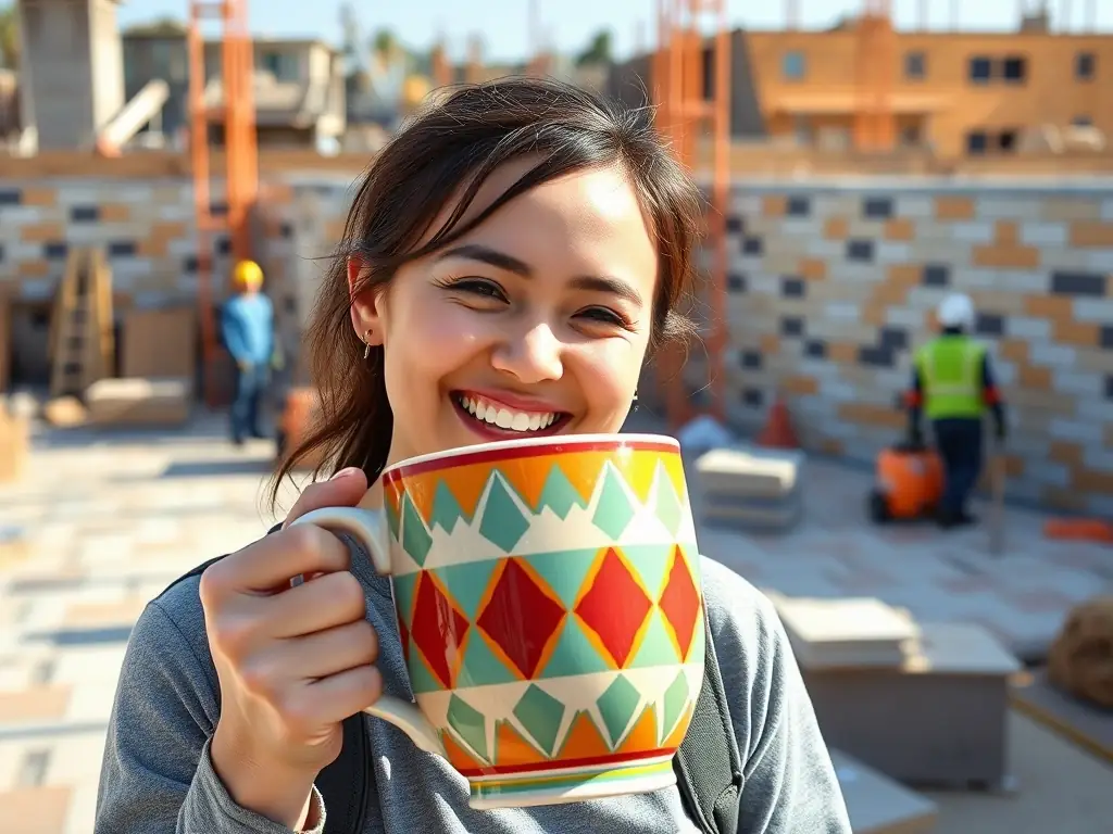 A photograph of a person holding a large, colorful mug with a geometric pattern, set against a backdrop of a construction site where tiles are being installed.