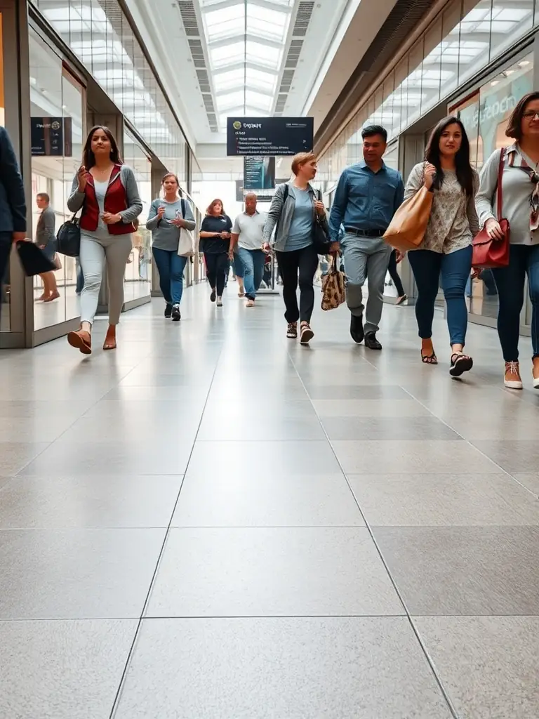 A photo illustrating the durability of a Matt Finish Vitrified Tile, showing it withstanding heavy foot traffic in a commercial setting.