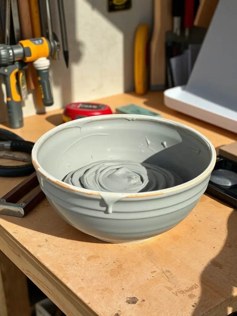 A durable, industrial-grade ceramic bowl designed for mixing large batches of epoxy or sealant used in tile installation.