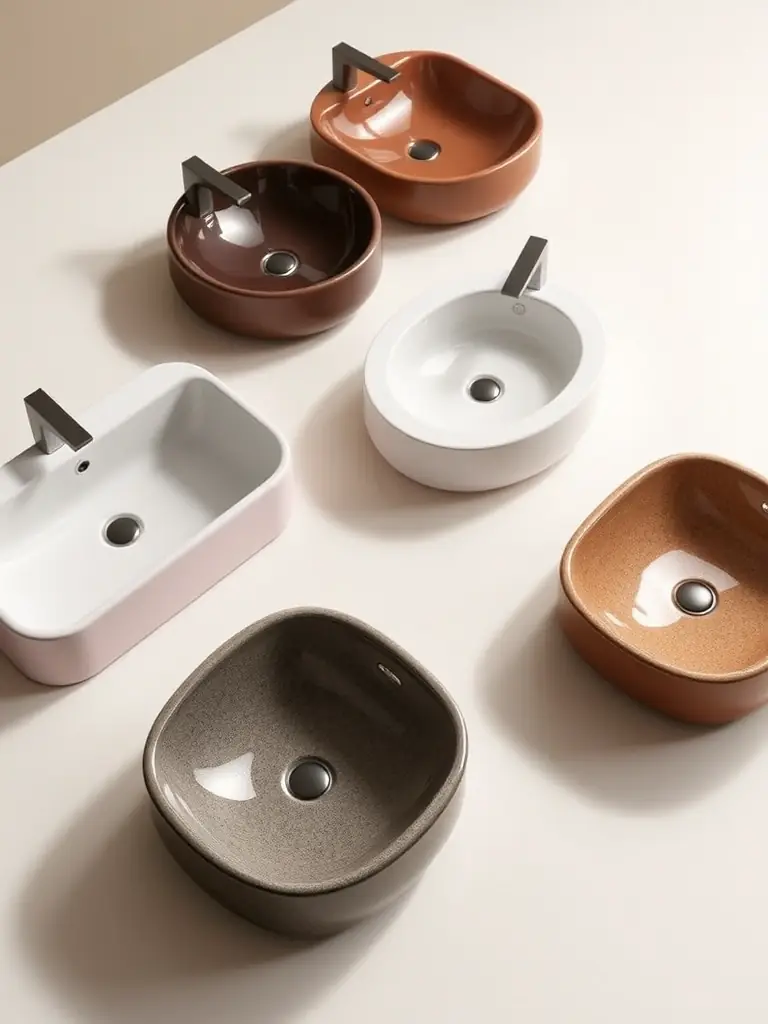 An image showcasing the different shapes and sizes of Rudrakshaime washbasins, emphasizing the variety available to suit different bathroom layouts and design needs.