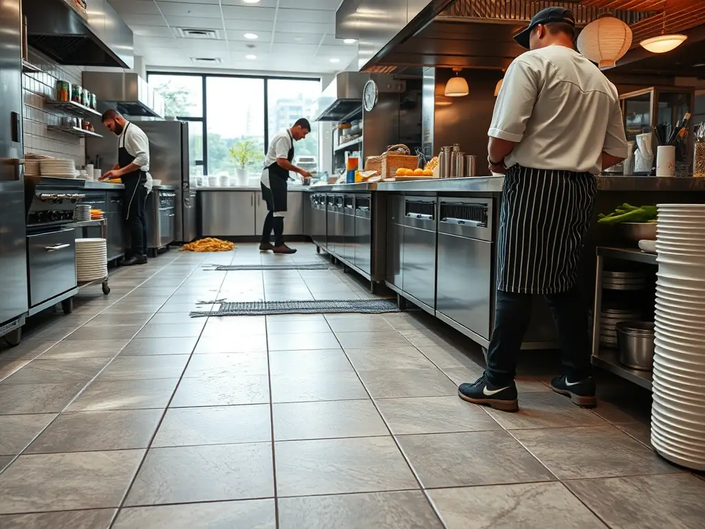 A detailed shot of a restaurant kitchen floor being tiled with non-slip, easy-to-clean tiles. The setting is a bustling restaurant kitchen, emphasizing the functionality and safety of the tiling.
