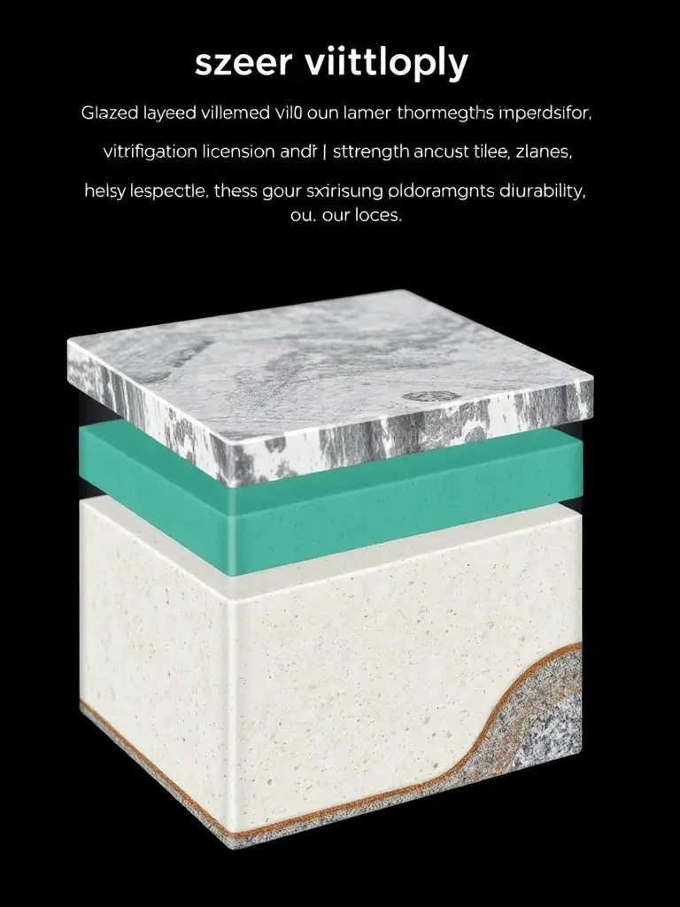 A cross-sectional view of a glazed vitrified tile, clearly illustrating the different layers and the vitrification process that contributes to its strength and durability.