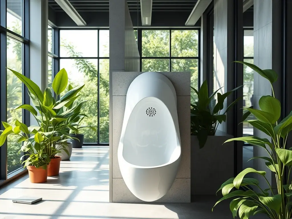 A waterless urinal installed in an eco-friendly building, showcasing its sustainable design and water-saving benefits.