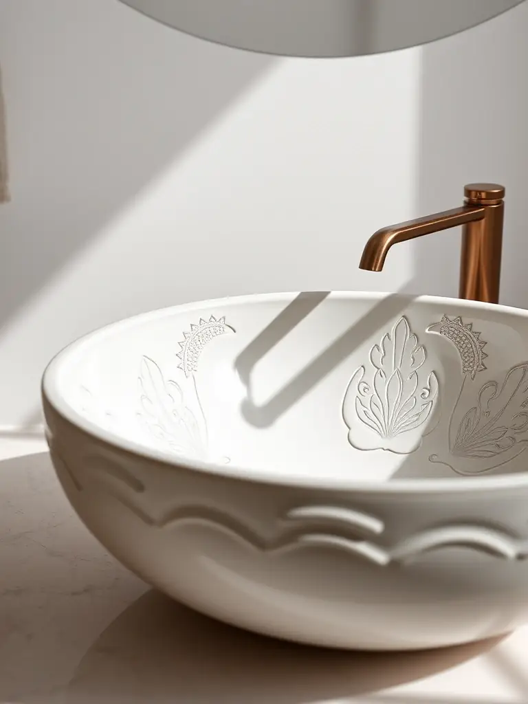 A high-resolution, close-up shot of a Rudrakshaime ceramic washbasin showcasing its smooth, glossy finish and intricate design details, set against a minimalist background to emphasize its quality.