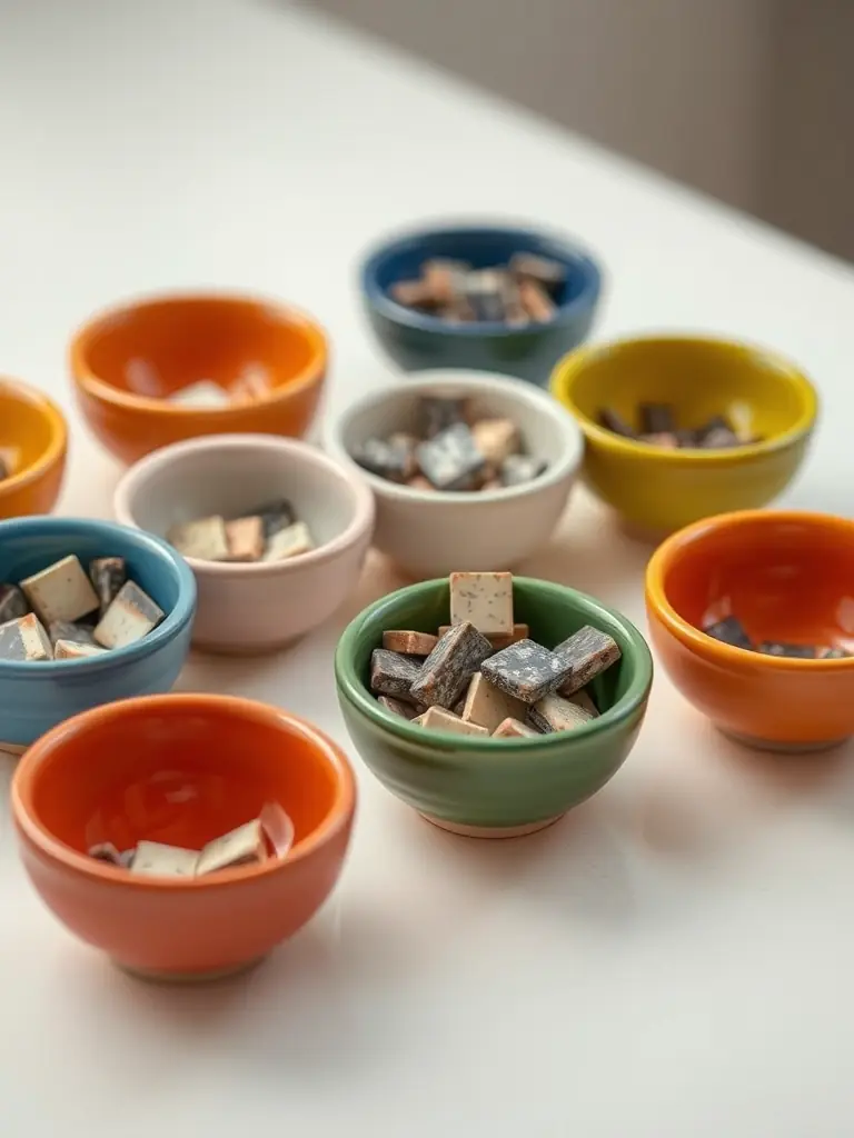 A set of small, colorful ceramic bowls used for organizing and storing different types of tile spacers during a tiling project.