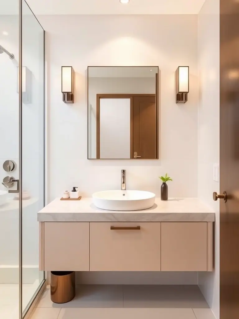 A photograph of a Rudrakshaime table-top counter installed in a modern bathroom setting, highlighting its seamless integration with the overall design and its functionality.