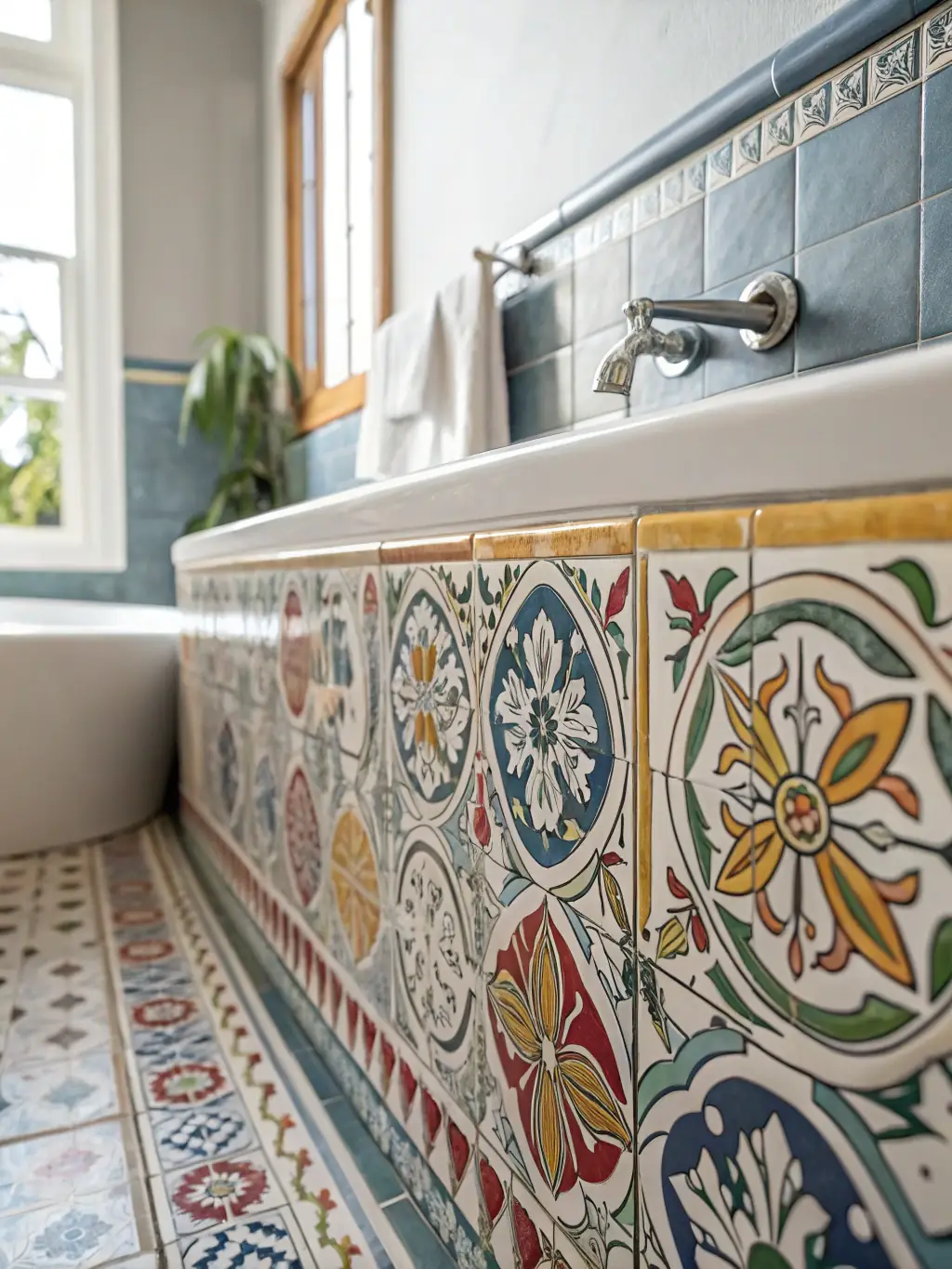 A close-up shot of digital vitrified tiles used in a bathroom, emphasizing their water resistance and intricate design patterns.