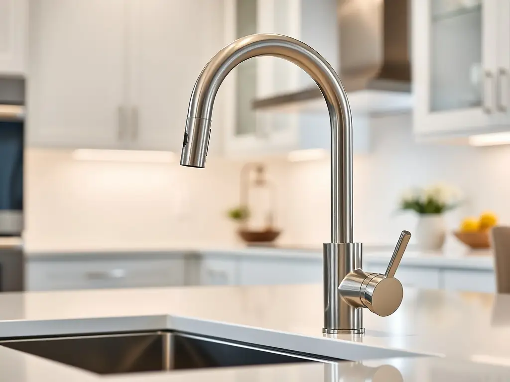 A high-resolution image of a touchless kitchen faucet in a stainless steel finish, installed in a modern kitchen. The faucet is shown with water flowing, demonstrating its hands-free operation.