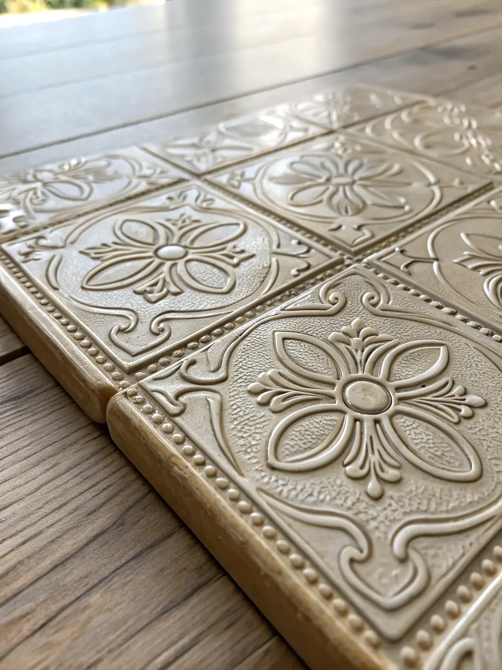 A close-up shot of a glazed vitrified tile showcasing its smooth, reflective surface and intricate design patterns, highlighting the aesthetic appeal and high-quality finish.