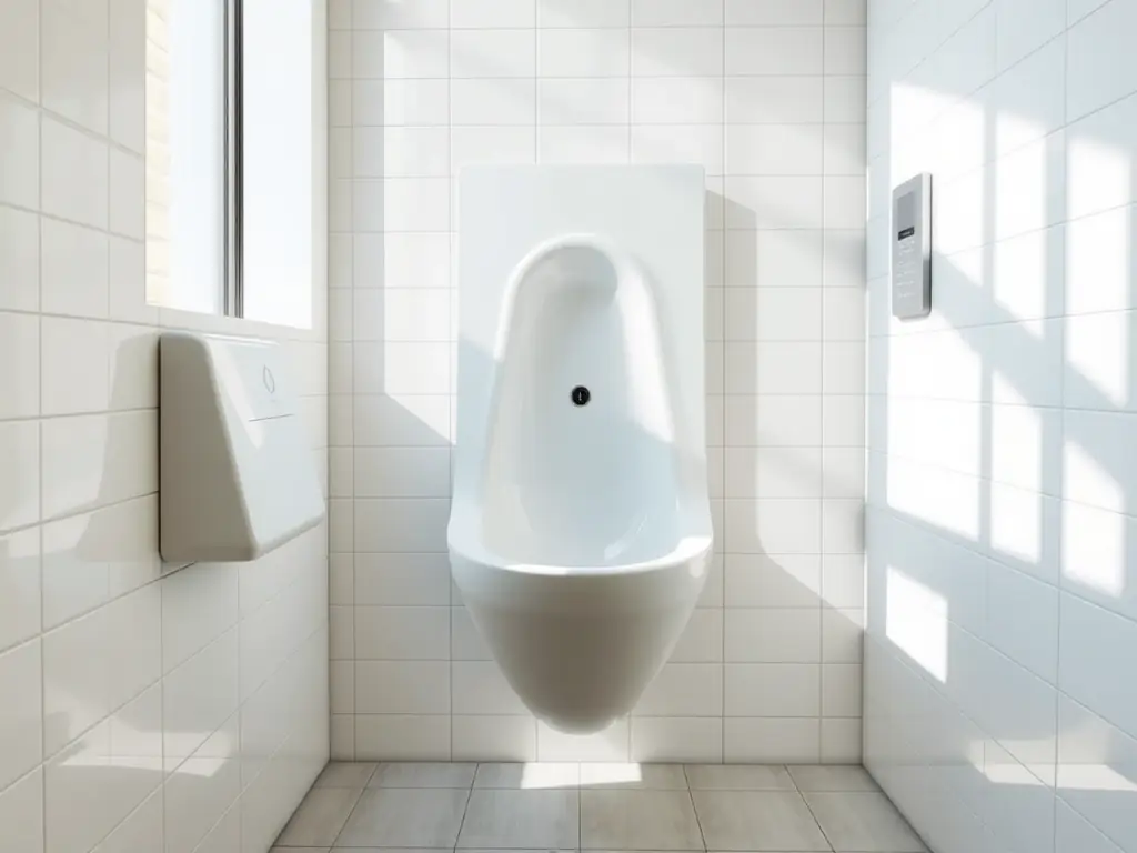 A compact urinal designed for small spaces, such as restaurants or cafes, maximizing space efficiency.
