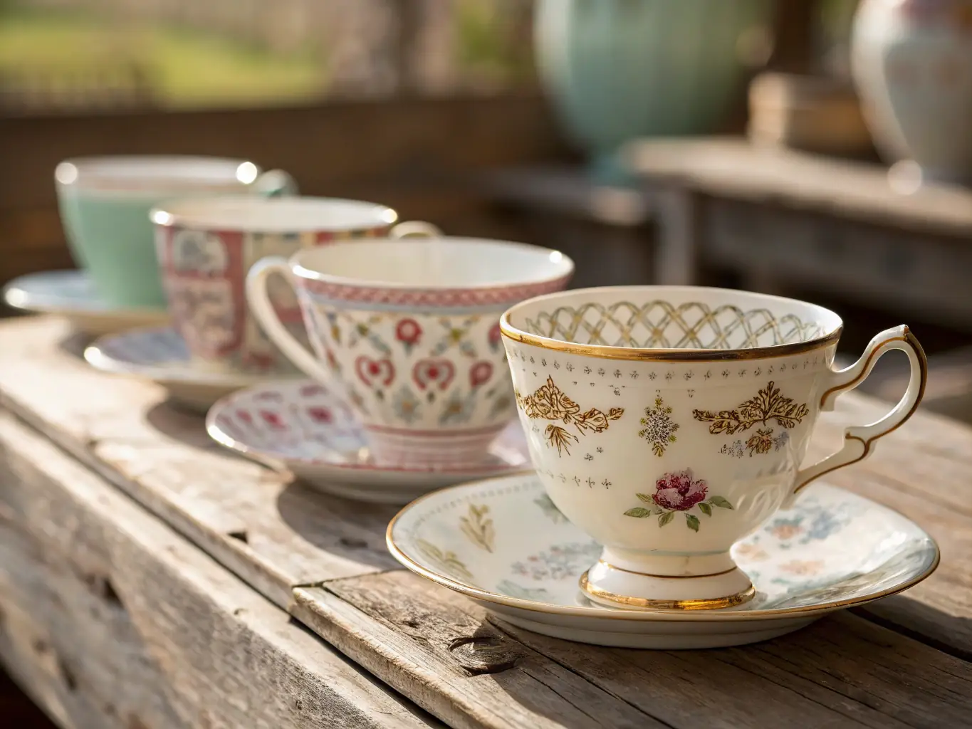 A close-up shot of a set of sleek, modern cups and saucers displayed on a tiled countertop, highlighting the smooth finish and minimalist design.