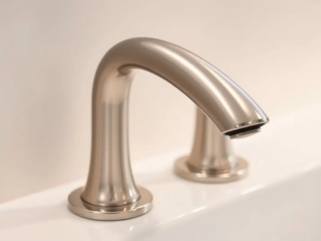 A close-up shot of a sleek, modern single-handle faucet in a brushed nickel finish, installed on a granite countertop in a contemporary bathroom setting. The faucet's clean lines and minimalist design are highlighted.