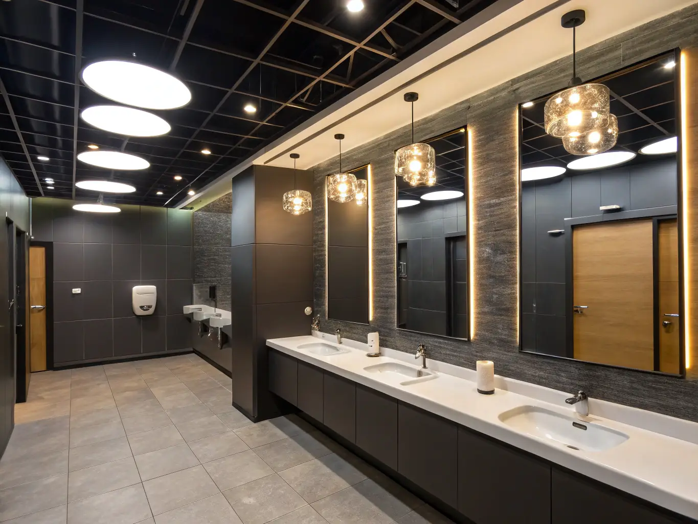 A modern urinal in a commercial office building restroom, with sleek design and automatic flushing system.
