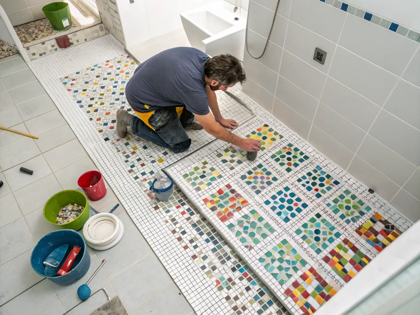 A high-angle shot of a bathroom floor being tiled with white ceramic tiles, showcasing the precision and clean lines of the installation. The setting is a modern residential bathroom.