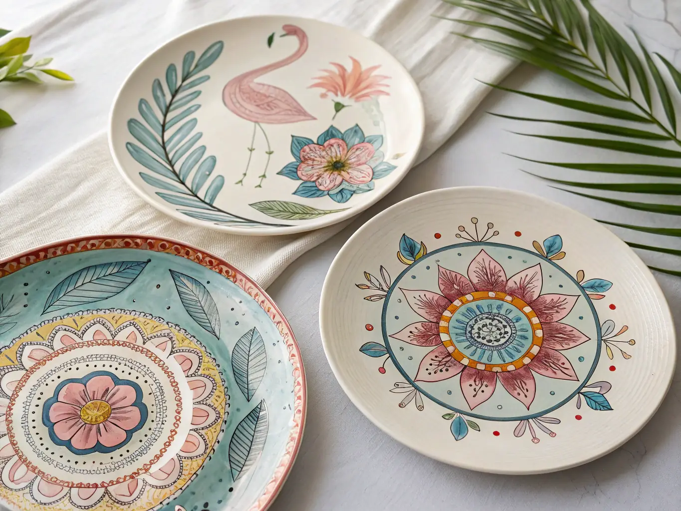 A close-up shot of a handcrafted ceramic plate with a unique, textured surface, showcasing the intricate details and high-quality material. The plate is partially filled with colorful appetizers, highlighting its suitability for serving food.