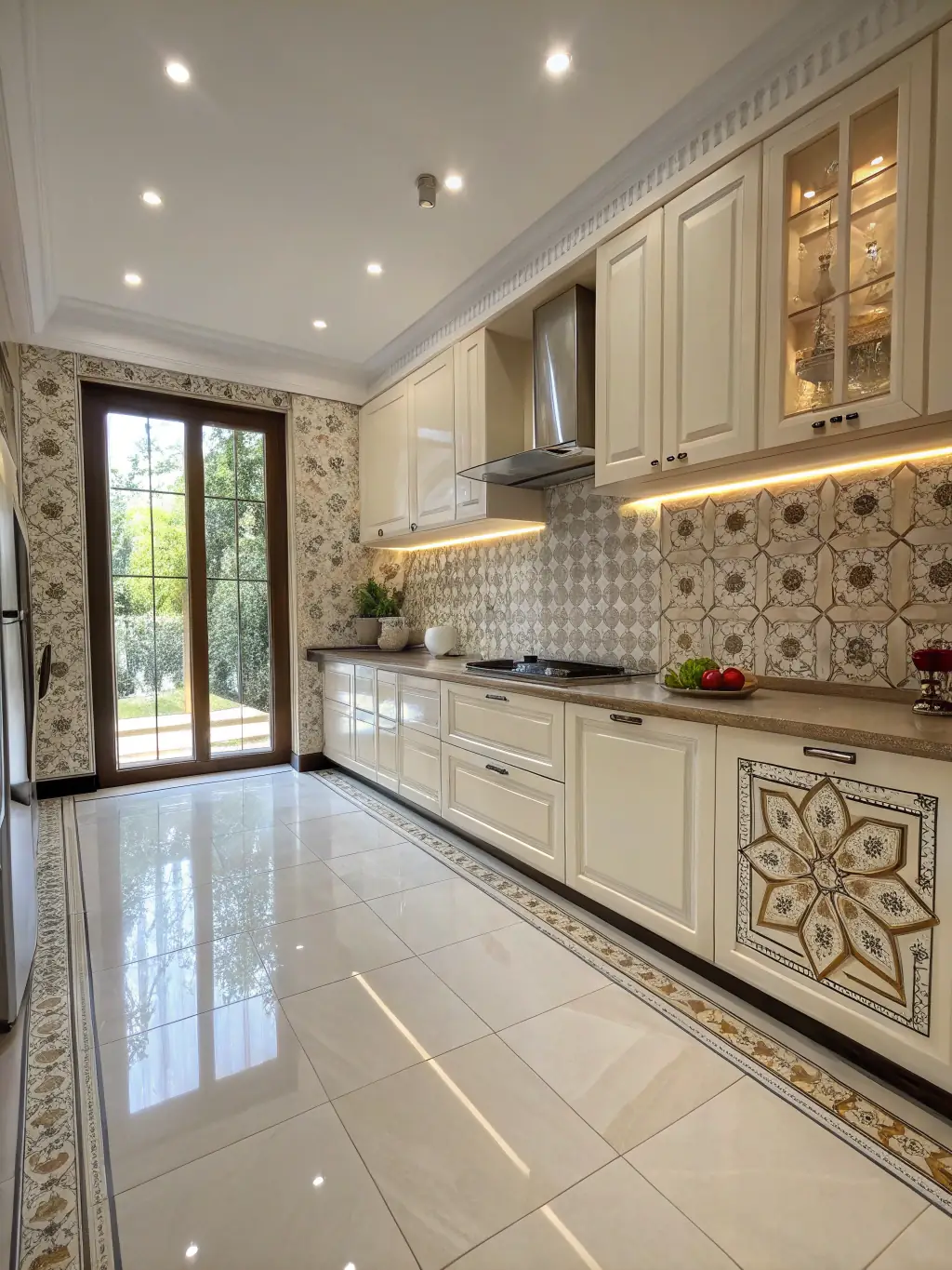 A visually appealing image of a kitchen backsplash made with uniquely designed digital vitrified tiles, adding a touch of elegance to the cooking space.