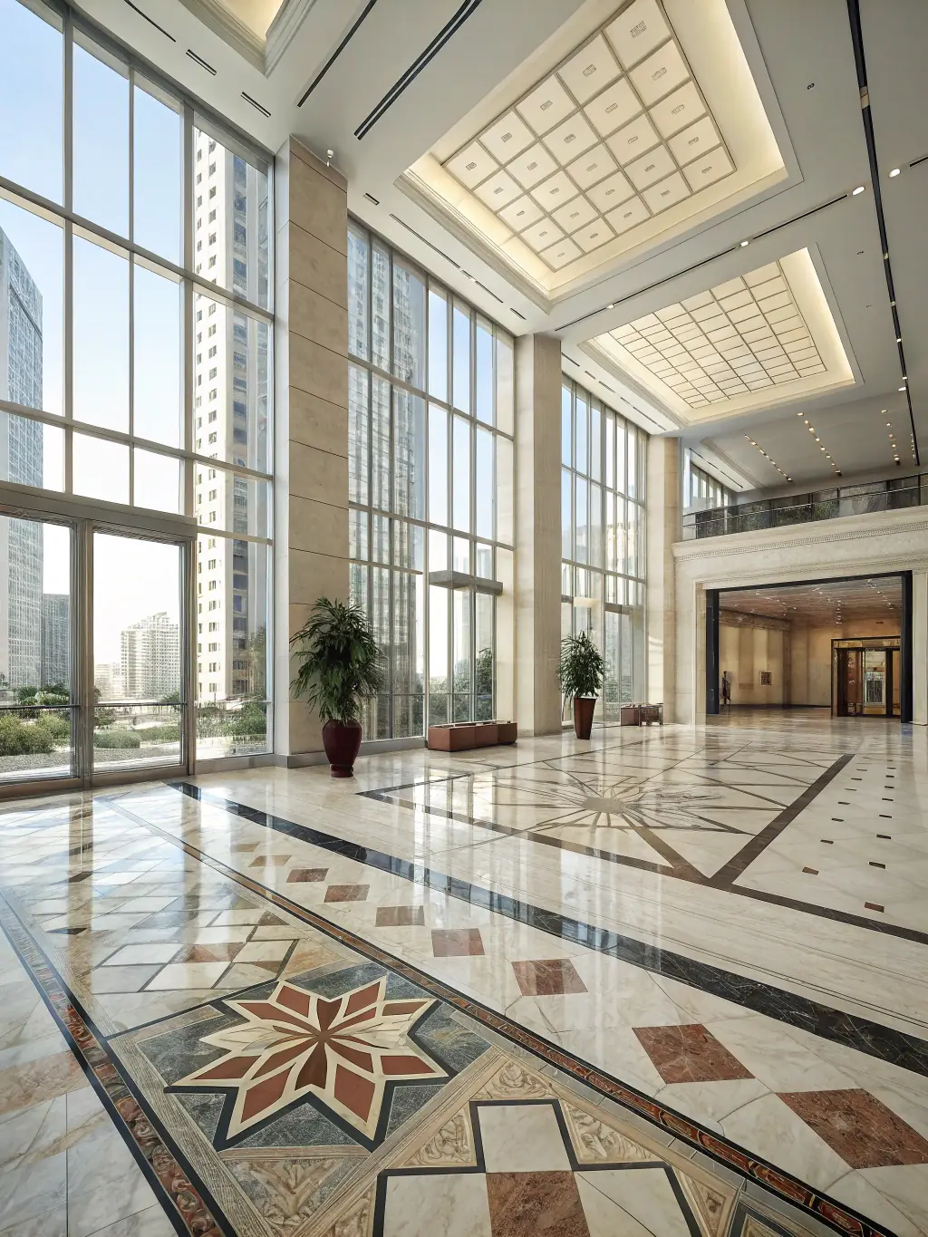 An image of a commercial space, such as an office lobby, featuring heavy foot traffic on a floor covered with durable digital vitrified tiles.