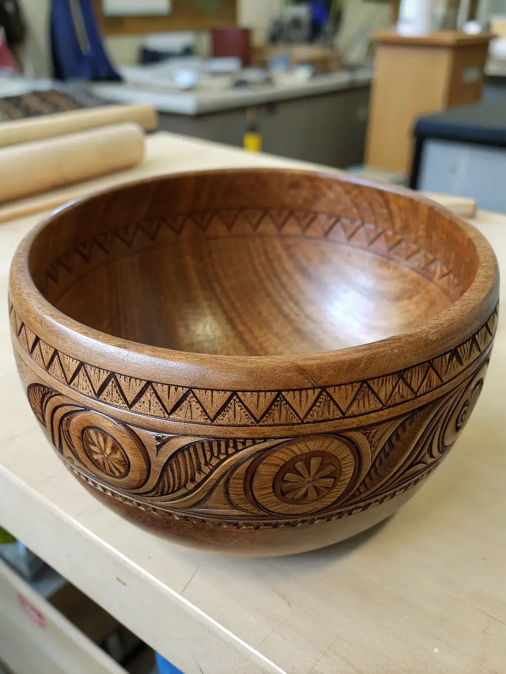 A close-up shot of a handcrafted ceramic mixing bowl, showcasing its unique texture and glaze, suitable for preparing tile grout or mortar.