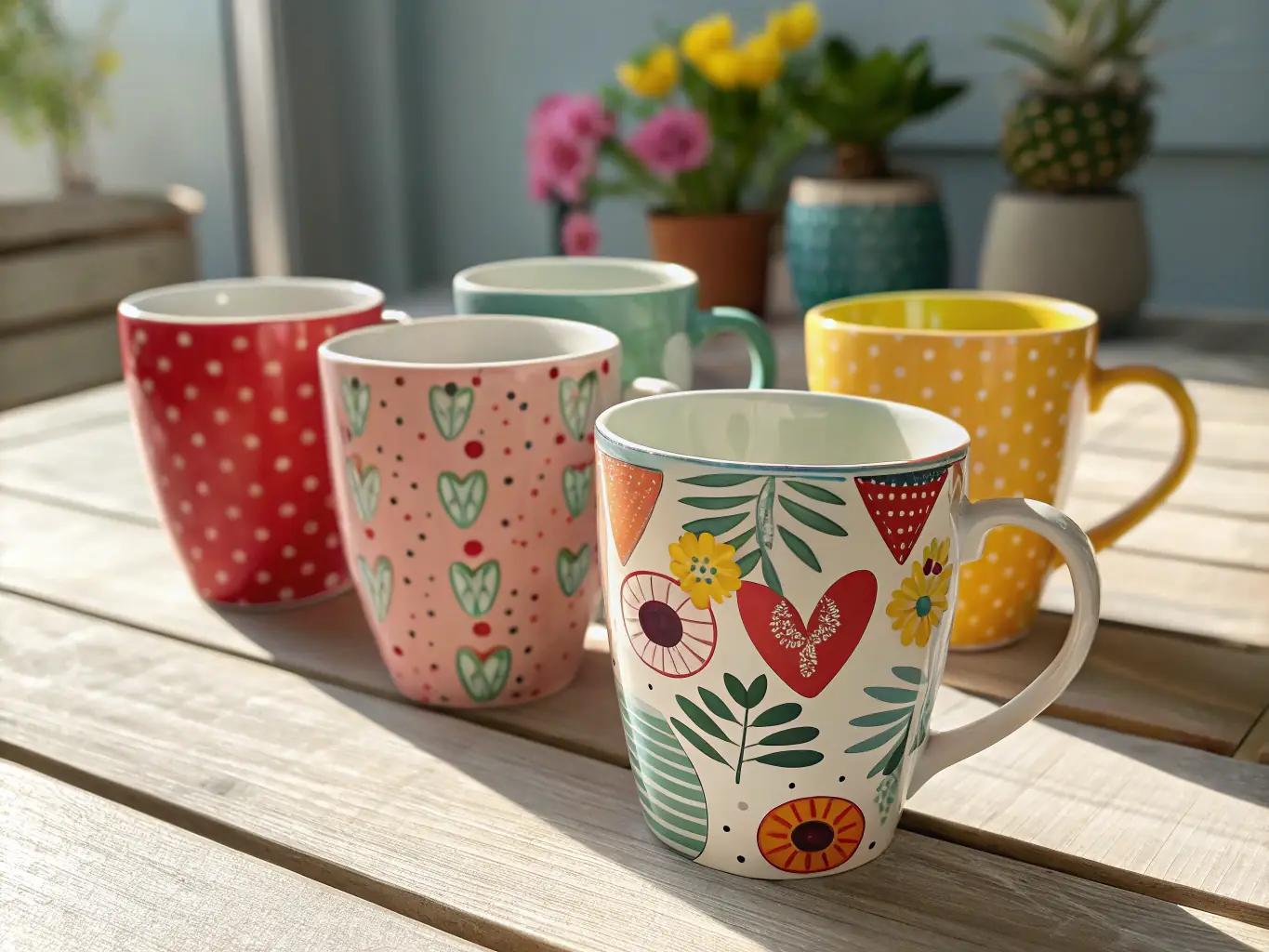 A high-resolution image showcasing a set of ceramic mugs with intricate tile-inspired patterns, arranged on a table with a blurred background of a modern kitchen featuring tiled walls.