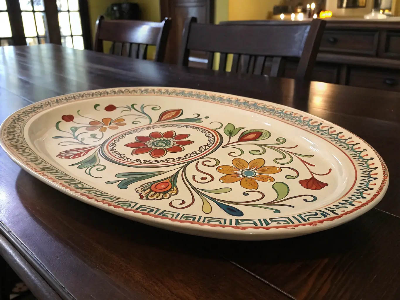 A visually appealing image of a modernly designed serving platter with a sleek, minimalist aesthetic, displayed in a contemporary dining setting. The platter is empty, allowing viewers to appreciate its design and versatility.