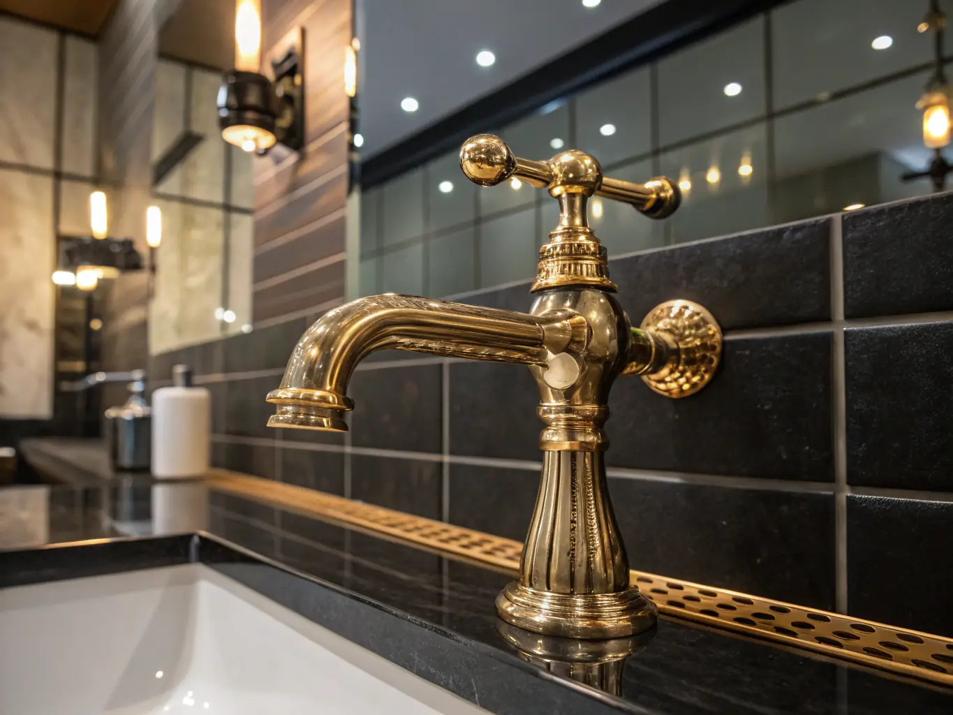 A detailed image of a traditional two-handle faucet in a polished brass finish, mounted on a vintage-style sink. The faucet features intricate detailing and a classic design.