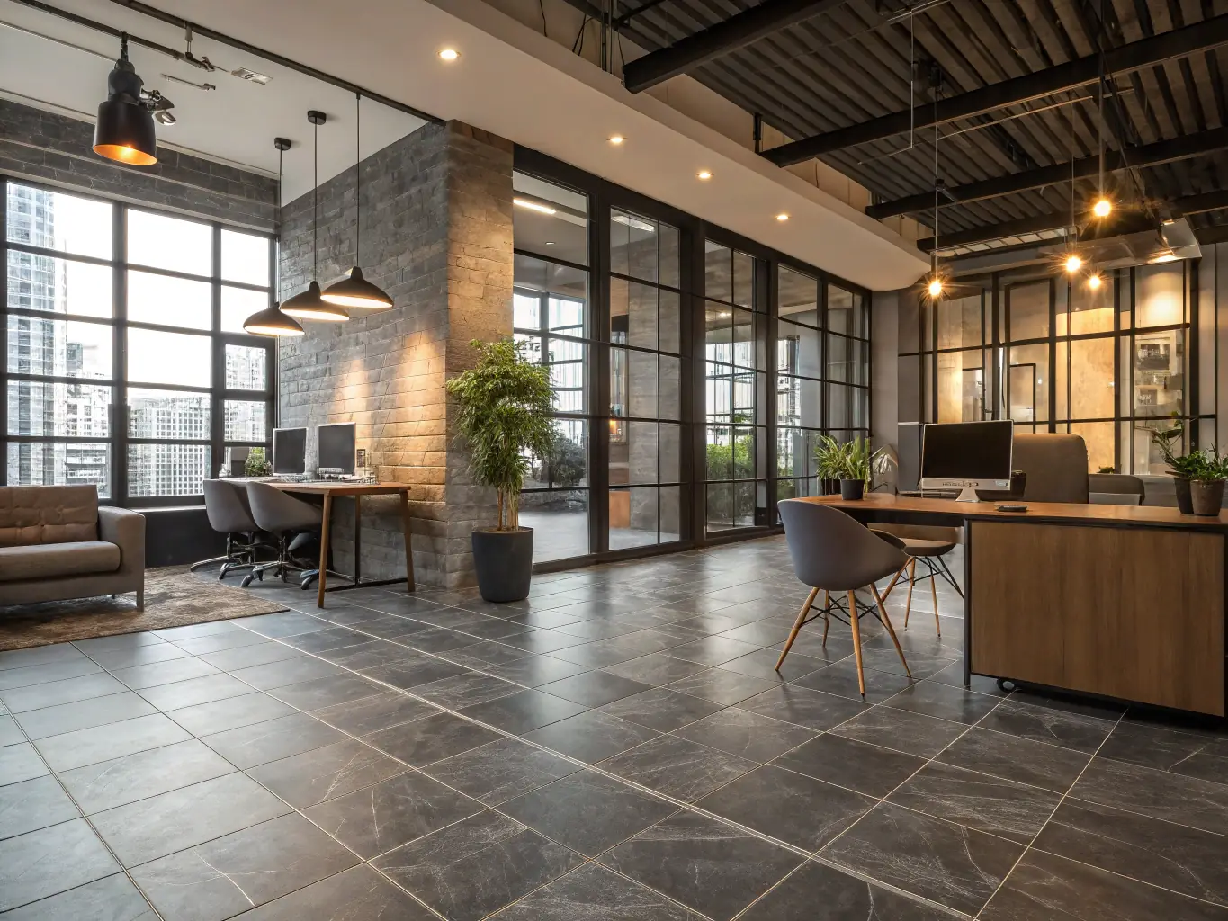 A close-up shot of a commercial office floor being tiled with durable, modern tiles. The setting is a busy office environment, highlighting the practicality and aesthetic appeal of the tiling.