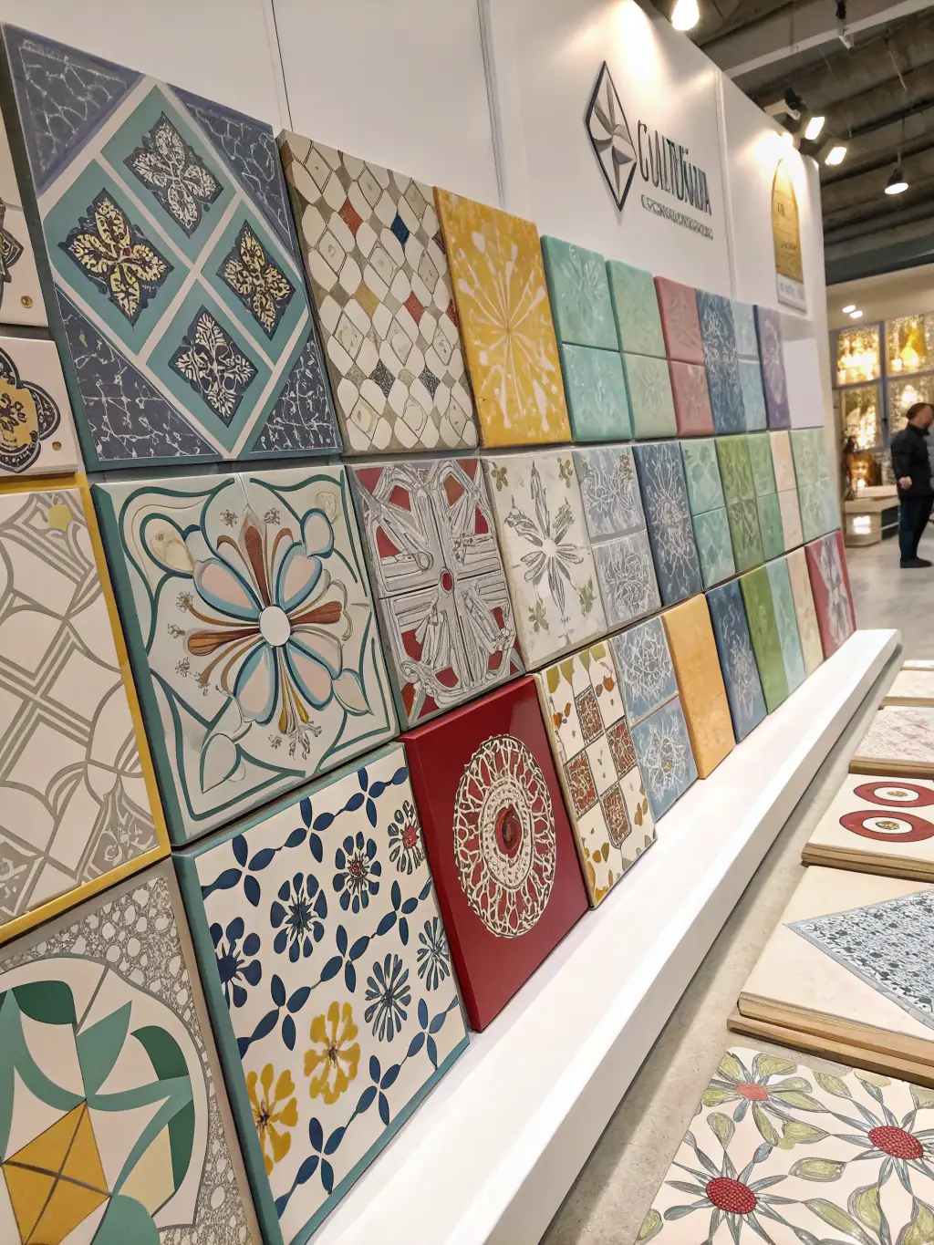 A display of various design options available for Matt Finish Vitrified Tiles, including different colors, patterns, and sizes.