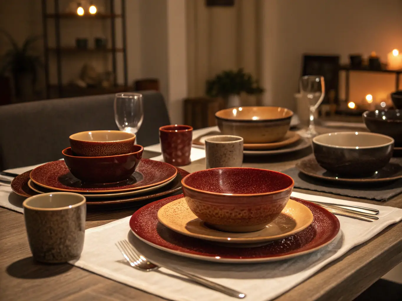A photograph of a set of serving dishes made from durable, heat-resistant material, arranged on a table with various hot dishes. The setting emphasizes the dishes' practicality and resilience in serving warm meals.